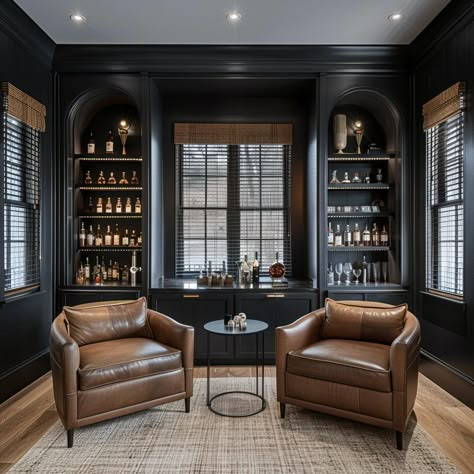 Mens Lounge Room Ideas, Mancave Design Ideas, Home Office Bar Ideas, Moody Wine Room, Man Cave Movie Room, Speak Easy Ideas, Man Office Design, Bourbon Room Man Cave, Speakeasy Man Cave