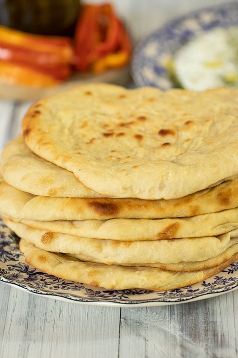 Homemade Flatbread (Greek-Pocketless Pita) - Dimitras Dishes Greek Flatbread, Flat Bread Recipe, Pita Recipe, Pita Flatbread, Dimitras Dishes, Easy Flatbread Recipes, Greek Pita, Homemade Pita Bread, Homemade Pita