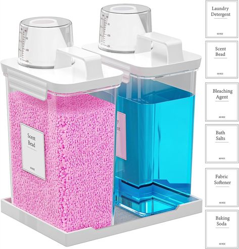 Hordely 2 Pack Detergent Dispenser Container, 60.9OZ Liquid Laundry Dispenser, Plastic Detergent Dispenser for Laundry Room/Powder/Fabric Softener with Labels/Tray, Clear Liquid Laundry Detergent Pump Dispenser, Laundry Liquid Dispenser, Liquid Detergent Dispenser Ideas, Laundry Soap Container Ideas, Laundry Detergent Dispenser With Cup, Clear Laundry Detergent Container, Cute Containers For Laundry Detergent, Liquid Laundry Detergent Dispenser, Laundry Soap Container