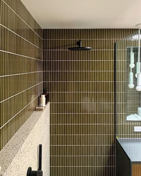 Long Tiles Bathroom, 70s Bathroom Tile, Tiles In Bathroom Ideas, Modern Bathroom Terrazzo, Small Bathroom With Shower Only, Terrazzo Tiles Bathroom, Bathroom Colors Schemes, Playful Bathroom, Bathroom Terrazzo