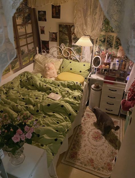 Tiny Room Big Bed Ideas, Cottagecore Room Inspo Forest, Pretty Storage Room, Mori Kei Bedroom, Studio Ghibli Apartment Ideas, 1950s Room, Earth Room, Dream Bedroom Inspiration, Themed Decorations