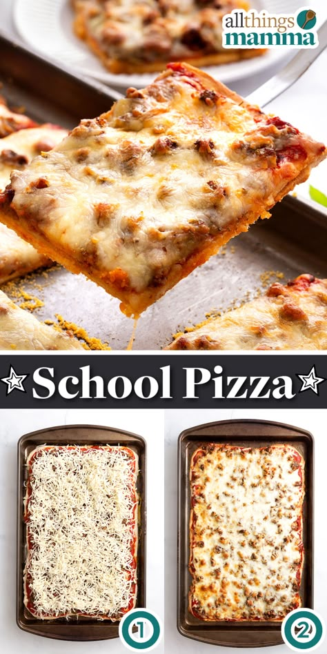 School Pizza collage image. School Pizza Sticks Recipe, Pizza Sauce Dinner Ideas, Lunchroom Pizza Recipe, Square School Pizza Recipe, School Lunch Party Ideas, Cafeteria School Food, Easy At Home Pizza, Breakfast Pizza School Recipe, Cold Pizza Recipe