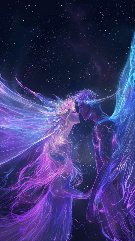 This enchanting art piece illustrates an other-worldly love story of two divine beings - the Divine Masculine and the Divine Feminine. Painted exquisitely in ethereal blue and purple hues, it depicts a magical scene of an enamoured elves couple locked in a celestial dance. Their kiss gives birth to a cosmic aesthetic that conveys a profound sense of love and romance. Dive into this world to unravel more about your love life in the upcoming weeks. 
#TwinFlames #SpiritualGrowth #CosmicLove Spiritual Couple Art Twin Flames, Cosmic Love Aesthetic, Two Lovers Art Couple, Twinflames Art, Divine Masculine Art, Twin Flame Couple, Love Fantasy Art, Cosmic Aesthetic, Dark Feminine Art