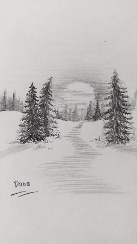 Winter Landscape Drawing Pencil, Scenic Drawings Easy, Forest Drawing Pencil Easy, Sky Sketch Pencil, Forest Sketch Simple, Winter Drawings Pencil, Winter Drawing Ideas Sketch, Snow Sketch, Landscape Drawing Ideas