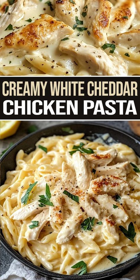 Indulge in this Creamy White Cheddar Chicken Pasta 🧀🍝 – a rich, comforting dish that’s perfect for cozy nights in. Loaded with tender chicken, al dente pasta, and a velvety white cheddar sauce, it’s sure to become a family favorite! 🍗🌿 #CreamyPasta #CheeseLovers #ComfortFood White Cheddar Chicken Pasta, Cheddar Chicken Pasta, Garlic Cream Sauce Pasta, Creamy White Pasta Sauce, White Cheddar Sauce, Cheddar Pasta, Chicken White Sauce, White Pasta Sauce Recipe, Cheddar Sauce