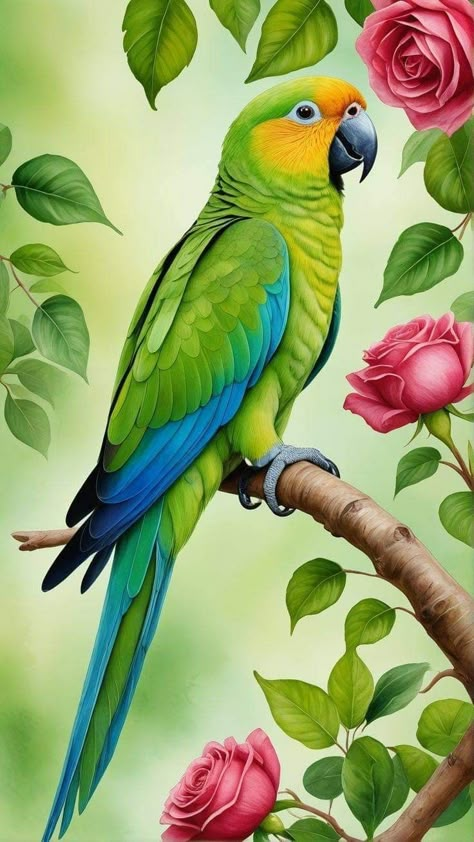 Colorful Birds Drawing, Green Parrot Drawing, Green Parrot Painting, Parrot Images, Old School Rose, Eye Perspective, Parrot Drawing, Green Birds, Parrot Painting