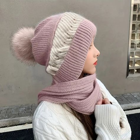 Two Tone Color Winter Hooded Scarf Mask For Women, Braided Ear Protection Thermal Sports Neck Warmer Beanie With Pom Poms For Outdoor - Temu Woolen Caps Woman, Winter Balaclava, Cold Weather Hats, Knitted Balaclava, Soft Hats, Wool Hat Knit, Winter Knit Hats, Hat And Scarf Sets, Salou