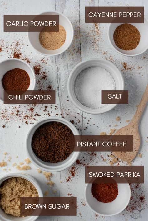 Bbq Pork Rub Recipe, Pork Belly Rub Recipe, Coffee Dry Rub Recipe, Brisket Rubs, Marinade Ideas, Coffee Rub Recipe, Pork Rub Recipe, Baked Pork Loin, Coffee Rubbed Steak