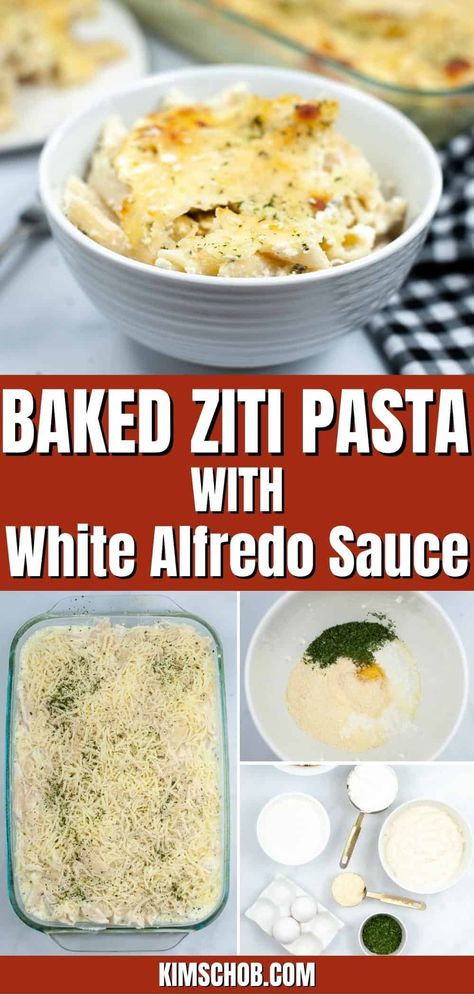 This pasta bake with white sauce is made with ziti, creamy Alfredo, and all the white cheese you could ask for! It's perfect without meat for a quick meal! Easy Baked Ziti With Alfredo Sauce, White Pasta Bake Recipe, White Ziti Recipe, Italian Dishes With White Sauce, White Ziti Bake, Pasta Dishes With White Sauce, Baked Alfredo Pasta Vegetarian, Pasta Dinner Recipes White Sauce, Meatless Alfredo Pasta Recipes