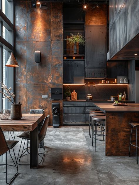 15 Stunning Examples of Industrial Interior Design for Inspiration - DGV Architecture Living Room Designs Urban Modern, Metal Industrial Furniture, Modern Industrial Flooring, Industrial Loft Lighting, Urban Industrial Kitchen, Dark Industrial Kitchen, Luxury Industrial Interior Design, Industrial Interior Design Kitchen, Rustic Loft Apartment