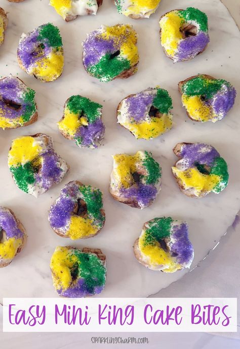 Mardi Gras Desserts, King Cake Bites, Mardi Gras Cake, Madi Gras, King Cake Recipe, Homemade Cream Cheese, Homemade Donuts Recipe, Mardi Gras King Cake, Mardi Gras Food