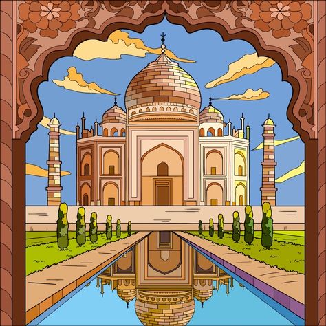 Indian Drawing Ideas Sketch, Indian Architecture Drawing, Taj Mahal Sketch, Taj Mahal Drawing, تاج محل, Earth Day Drawing, Architecture Blueprints, Tropical Art Print, Drawing Competition