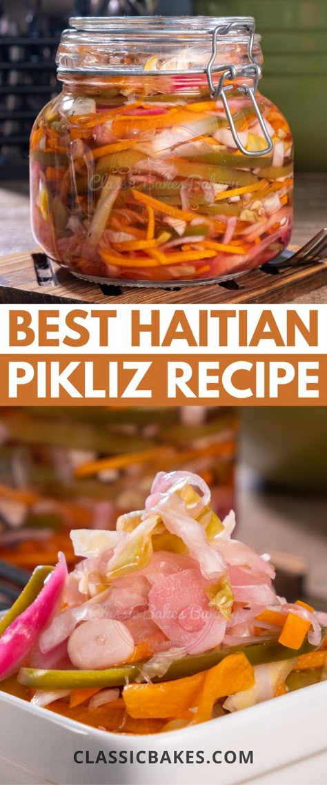 Haitian Picklese, Haitian Side Dishes, Haitian Recipes Authentic, Haitian Sauce Recipe, Haitian Oxtail Recipe, Haitian Pikliz Recipe, Pikliz Recipe Haiti, Haitian Snacks, Haitian Legume Recipes