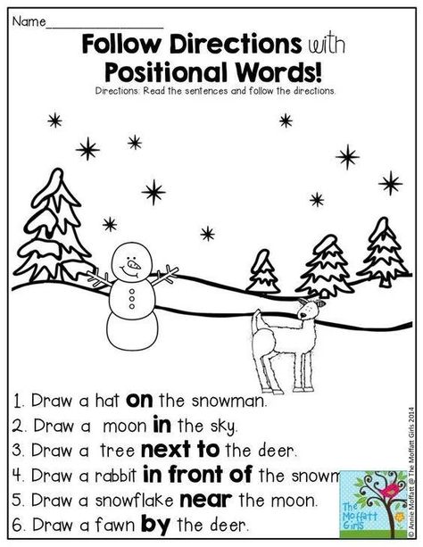 January Worksheets, December Worksheets, Following Directions Worksheet, Kindergarten Journal, Directions Worksheet, Reindeer Party, Winter Worksheets, Positional Words, Words Worksheet