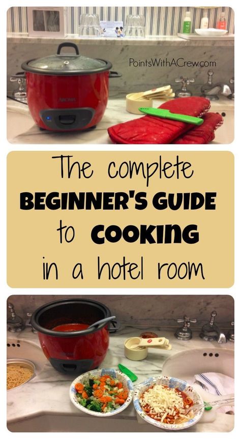 The complete beginner's guide to cooking in a hotel room - even without a stove, microwave or cooktop Hotel Room Cooking, Hotel Cooking, Hotel Meals, Camping Hacks Food, Hotel Hacks, Road Trip Food, Travel Free, Vacation Meals, Hotel Living