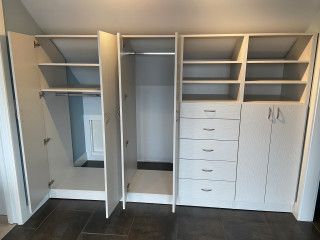 Slanted Ceiling Closet, Loft Wardrobe, Attic Master Suite, Closet Pictures, Attic Bedroom Storage, Eaves Storage, Contemporary Closet, Built In Dresser, Attic Closet