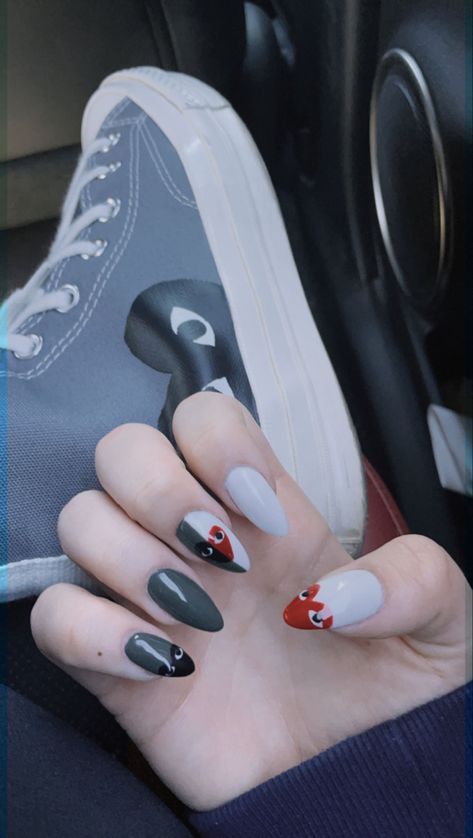 Nails Half And Half, Comme Des Garcons Nails, Black Heart Nails, Heart Nail, White Nail Designs, Half And Half, Heart Nails, White And Red, Black Heart