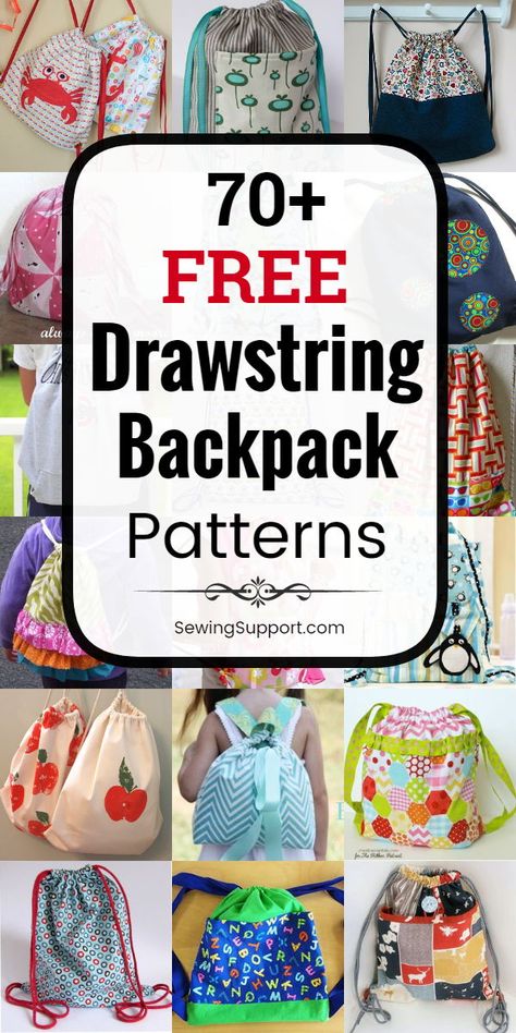 Drawstring Backpack DIY. Over 70 free backpack sewing patterns, projects, and tutorials, easy enough for the beginner to sew. Great simple backpack for kids. #SewingSupport #Backpack #Drawstring #Diy #Pattern #Bag #Sewing #Tutorial Backpack Sewing Patterns, Drawstring Backpack Tutorial, Drawstring Backpack Pattern, Backpack Patterns, Backpack Pattern Sewing, Backpack Tutorial, Backpack Sewing, Bags To Sew, Simple Backpack