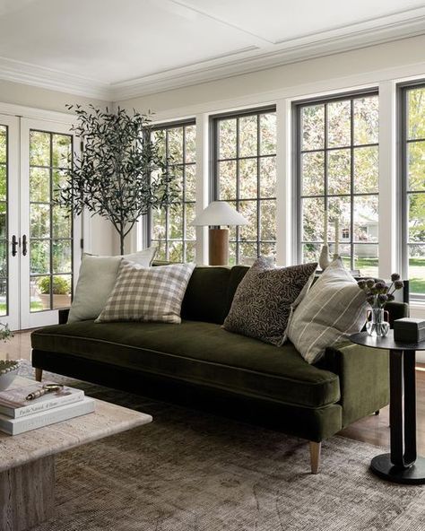 McGee & Co. on Instagram: "We're loving green this season! From faux greenery to pillows, we're loving the way green tones elevate any space. Shop new arrivals on our site!" Green Couch Decor, Dark Green Couches, Olive Living Rooms, Green Sofa Living, Green Couch Living Room, Green Sofa Living Room, Green Lounge, Green Couch, Faux Greenery