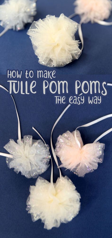 Learn how to make a pom pom with tulle with this easy DIY tutorial for beginners! This fun tulle craft is perfect for making birthday party backdrops and other cool crafts. It's great for princess or fairy themed parties and costumes. Make decor for baby showers or bridal parties. Diy Tulle Poms, Pompon Tulle, Tulle Pompoms, Tulle Garland, Tulle Pom Pom, Pompon Diy, Toilet Paper Tubes, Pom Pom Tutorial, Tulle Decorations