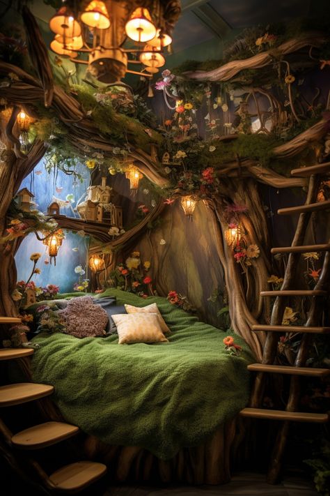 Forest Rooms Bedrooms, Fae Home Decor, Fairy Mushroom Aesthetic Bedroom, Shifting Waiting Room Ideas Forest, Fairyland Bedroom Ideas, Enchanted Forest Furniture, Fantasy Theme Bedroom, Forest Room Ideas Bedroom, Moss Bedroom Aesthetic