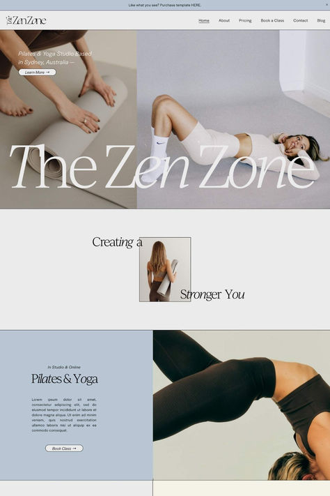 The Zen Zone Squarespace template is perfect for local gyms, yoga studios, and fitness memberships that need a responsive website template design! This high-converting layout is complemented by a blend of ocean tones, modern typography, and a seamless user experience. Plug in your own logo, images, and membership tiers to this website template layout or browse our web design services and launch with an expert Squarespace designer. Squarespace Website Design Template #ad #affiliate Gym Web Design, Gym Website Design, Pilates Website, Yoga Website Design, Fitness Website Design, Pilates Yoga Studio, Yoga Website, Membership Website, Zen Zone