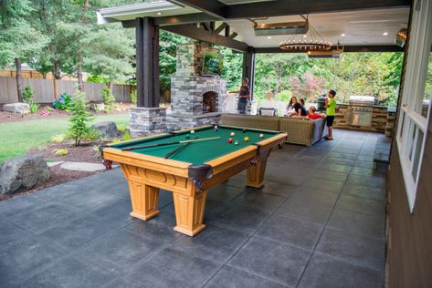 Taking a Backyard to the Next Level Backyard Pool Table Ideas, Backyard Bar With Pool Table, Outdoor Pool Table Ideas Backyards, Outdoor Game Room Backyards, Outdoor Gaming Room, Outdoor Pool Table Ideas, Backyard Pool Table, Outdoor Game Room, Pool Table Ideas