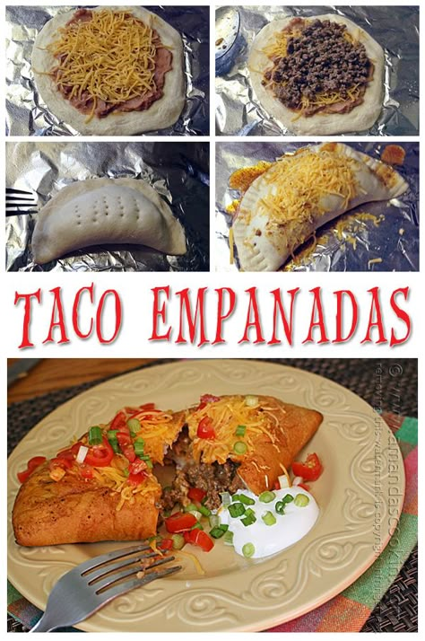 Taco Empanadas from Amanda's Cookin' Taco Empanadas, Empanada Recipes, Mexican Meals, Meat Pies, Hot Pockets, Street Tacos, Mexican Foods, Latin Food, Hand Pies