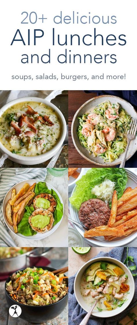 Delicious AIP Lunches & DInners :: soup, salad, burgers & more! Meals For Autoimmune Disease, Auto Immune Protocol Recipes, Aip Meal Prep Recipes, Aip Lunches On The Go, Autoimmune Lunch Ideas, Autoimmune Dinner Recipes, Aip Salads Autoimmune Paleo, Api Diet Recipes, Aip Chicken Recipes Autoimmune Paleo