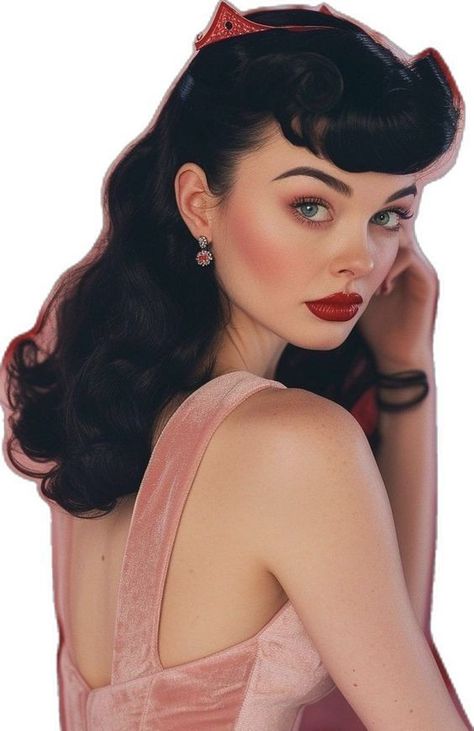 Vintage Pinup Hairstyles, Pink Hair Red Dress, Pin Up Girl Makeup And Hair, Pinup Makeup Looks, 50s Inspired Hair, 50s Pin Up Hair, Pinup Makeup Vintage, Pin Up Aesthetic, Jaclyn Hill Volume 2