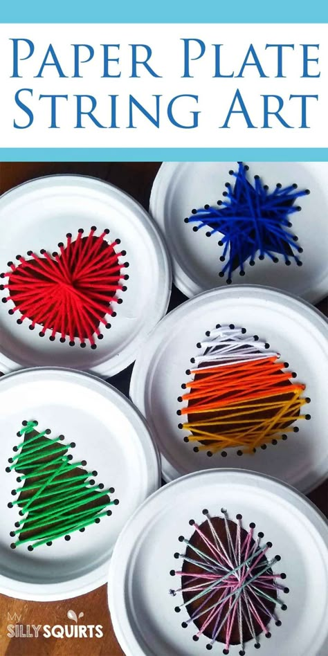 Kids paper plate string art for every holiday | My Silly Squirts Cards Making Ideas, Paper Plate Art, Card For Love, Different Types Of Yarn, Yarn Crafts For Kids, String Art Templates, Paper Plate Crafts For Kids, Card For Boyfriend, String Crafts