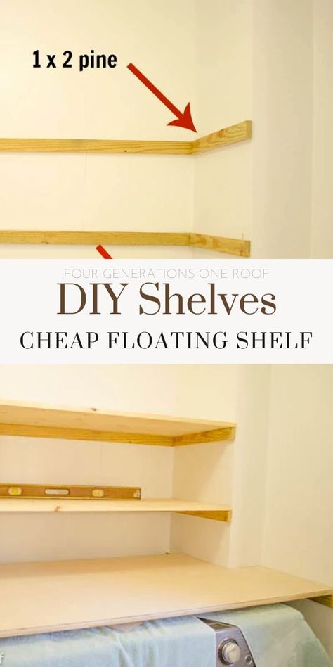 Slim Floating Shelves, Laundry With Floating Shelves, Over Toilet Shelves Diy, Laundry Room Floating Shelves Diy, Diy Laundry Shelving, Building A Shelf Diy, Laundry Room Closet Shelves, Laundry Wall Shelves, How To Build Laundry Room Shelves