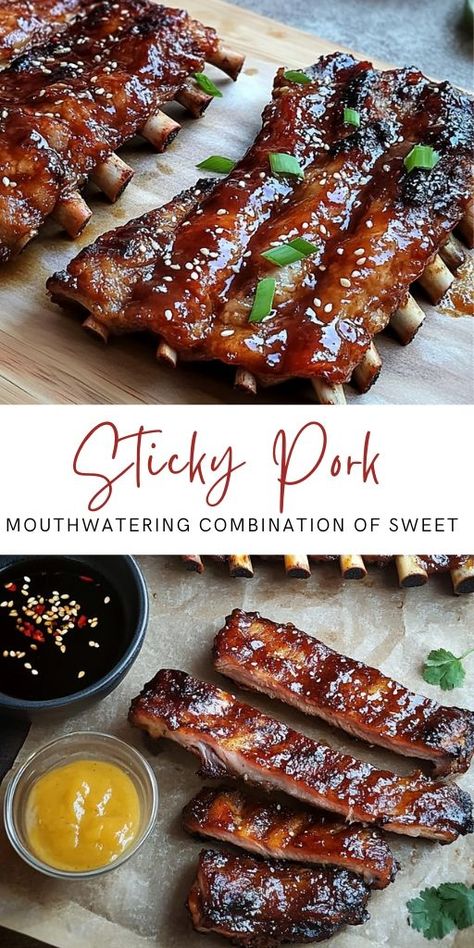 Sticky Asian Pork Ribs Ingredients: 2 Pork Ribs ½ Cup (120 ml) Hoisin Sauce ¼ Cup (60 ml) Soy Sauce: ¼ Cup (60 ml) Rice Vinegar ¼ Cup (60 ml) Honey 2 tbsp Sesame Oil: 4 Cloves Garlic, Grated 1 tbsp Grated Ginger 1 tsp Chinese Five-Spice Powder #StickyPork #Delicious Sticky Asian Pork, Asian Pork Ribs, Asian Ribs Recipe, Sticky Ribs Recipe, Asian Ribs, Pork Spare Ribs Recipe, Spare Ribs Recipe, Sticky Pork Ribs, Chinese Dishes Recipes