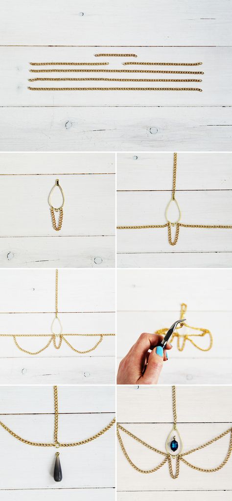 DIY a Chic Hair Chain in 15 Minutes via Brit + Co. Diy Head Chain, Jóias Body Chains, Hair Chain Wedding, Head Chains, Bridal Hair Chain, Chain Headpiece, Diy Fashion Trends, Hair Chain, Hair Necklace