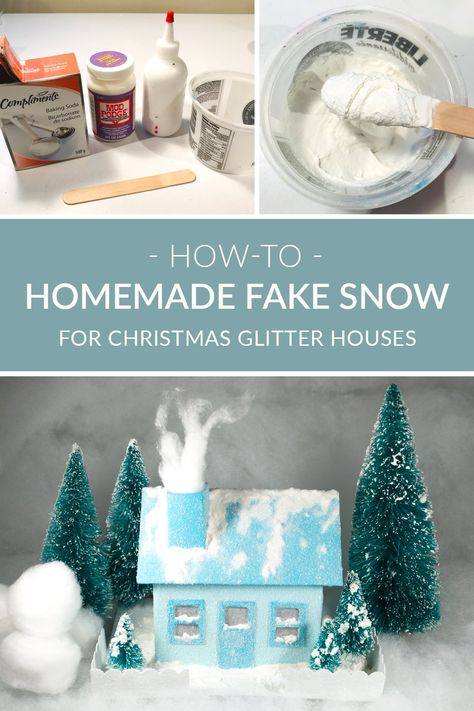 How to Make Homemade Fake Snow for Christmas Glitter Houses – Happy Cat Prints Fake Snow Recipe, Putz Village, Snow Paint, Homemade Glitter, Snow Recipe, Diy Projects For Adults, Putz House, Diy Christmas Village, Centerpiece Christmas