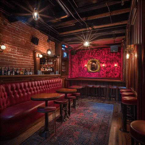 Indie Bar Aesthetic, Nashville Bar Aesthetic, Speakeasy Bar Design 1920s, Red Bar Aesthetic, Country Bar Ideas, Saloon Bar Ideas, Dark Bar Aesthetic, Speakeasy Bar Design, Bar Theme Ideas