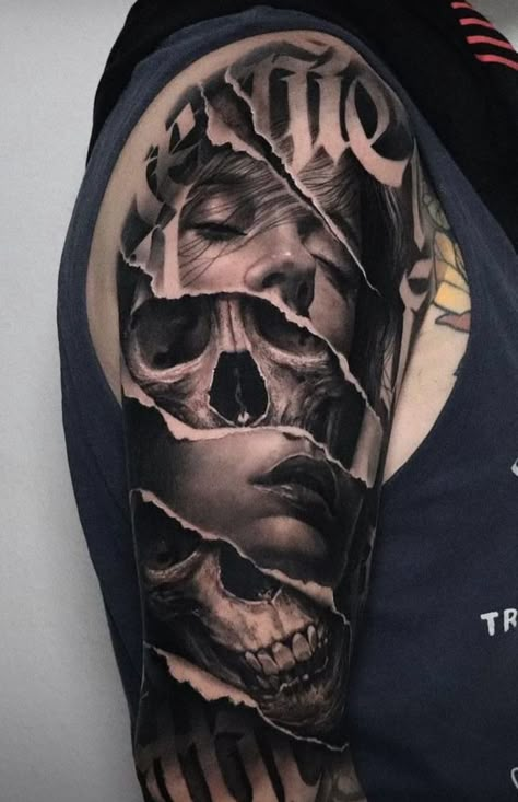 Sketchy Tattoo Ideas, Tattoo Realis, Men Realism Tattoo, Black Realism Tattoo, Good Evil Tattoo, Dark Realism Tattoo Design, Black And Grey Realism Tattoo Design, Surreal Art Tattoo, Realism Sleeve Tattoo