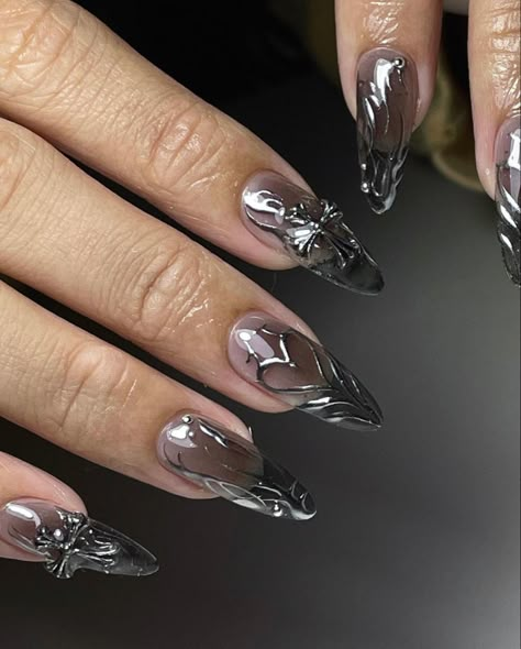 Almond Nails Y2k, Long Nails Almond, Chrome Nail Design, Rave Nails, Nails With Silver, Nails Y2k, Chrome Nails Designs, Punk Nails, Custom Press On Nails