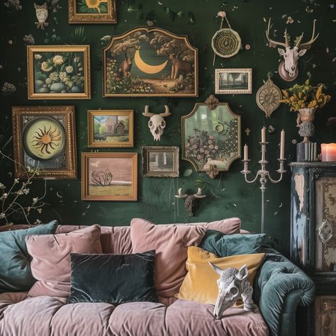 Whimsycore Decor, Maximalist Living Room Fireplace, Witchy Aesthetic Home Decor, Living Room Inspo Maximalist, Dark Green Gothic Living Room, Dark Room Esthetics, Cottage Core Aesthetic Interior Design, Whimsigothic Gallery Wall, Moody Wall Decor Ideas