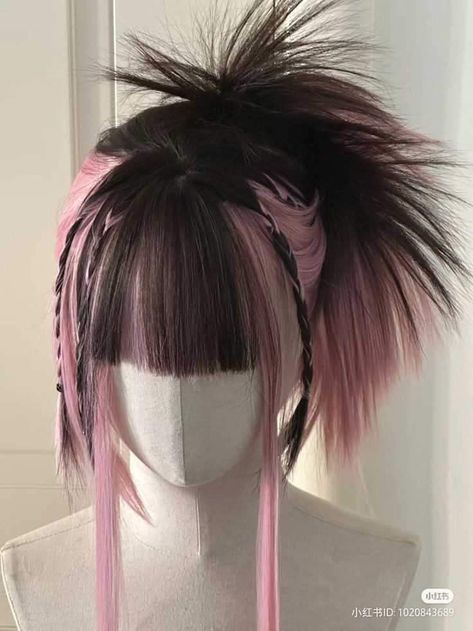 Colored Stripes In Hair, Cybercore Hairstyles, Unnatural Hair Color Ideas, 3/4 View, Sharp Hairstyles, Creative Wigs, Vkei Hair, Harajuku Hair, Cool Hair Designs