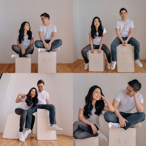 Couple Poses Self Photoshoot, Photoshoot Idea Couple, Casual Shoot Ideas, Couples Photoshoot Studio Photo Ideas, Prenup Concept Ideas, Studio Casual Photoshoot, Couple Photoshoot Outfits Studio, Self Photoshoot Couple, Prenup Photoshoot Ideas Studio