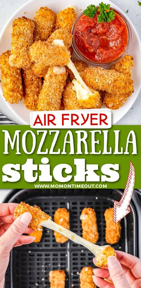 These homemade Air Fryer Mozzarella Sticks are so easy to make! Crispy on the outside with gooey, string cheese on the inside, this quick and easy air fryer appetizer comes together in a few simple steps! // Mom On Timeout String Cheese Recipes, Homemade Cheese Sticks, Air Fryer Mozzarella Sticks, Air Fryer Mozzarella, Cheese Sticks Recipe, Homemade Mozzarella Sticks, Air Fryer Recipes Snacks, Mom On Timeout, Snack Prep