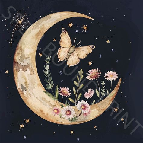 Vintage Crescent Moon Poster, Mystical Moon and Moth Art Print, Stars, Wildflowers, Celestial Wall Art, Moon and Stars Art, Vintage Decor Moon And Stars Art, Vintage Crescent Moon, Crescent Moon Art, Ghost Tote Bag, Moth Art Print, Whimsical Logo, Moon Stars Art, Wood Painting Ideas, Mystical Tattoos