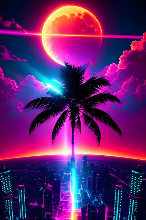 A glowing neon city at night with palm trees and a fantasy full moon. Synthwave vaporwave inspired art Neon Wall Painting, Glowing Wallpaper Aesthetic, Retro Neon Wallpaper, Neon Colors Aesthetic, Neon Art Wallpaper, Color Full Wallpaper, Synthwave Aesthetic Wallpaper, Synthwave Art 80s Style, Synthwave Room