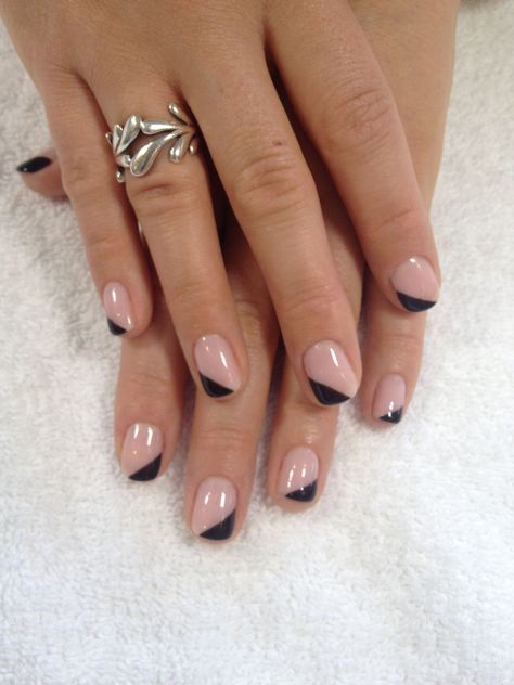 Neutral with black accent Black Negative Space Nails Short, Nails Formal Events Black Tie, Wedding Nails With Black Accent, Half Black Nail Design, Black Wedding Nails Short, Neutral Nails With Black Accent, Black Manicure And Pedicure Ideas, Neutral Black Nails, Neutral Goth Nails