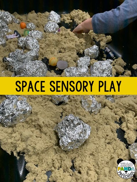 Outer Space Sensory Bin Preschool, Outer Space Sensory, Space Water Play, Space Outdoor Activities, Moon Rocks Craft For Kids, Sensory Bin Space Theme, Astronaut Sensory Bin, Planets Sensory Bin, Alien Sensory Bin