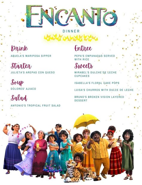 Host a festive Encanto dinner or movie night with our Encanto themed dinner menu, easy and affordable DIY decor ideas, and delicious recipes. Encanto Themed Movie Night, Encanto Menu Ideas, Descendants Dinner And A Movie, Dinner And A Movie Date Night At Home, Family Movie Night Themed Food, Encanto Dinner Ideas, Encanto Themed Dinner, Disney Movie Dinner Theme, Disney And Dinner Ideas