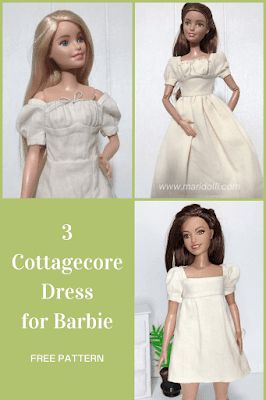 3 Cottagecore Inspired Dress to Sew for Barbie - Maridolli Barbie Peasant Dress Pattern, Barbie Dress Sewing Pattern, Barbie Clothes Inspiration, Barbie Doll Dress Patterns Free Sewing, Simple Barbie Dress Pattern, Barbie Free Patterns Sewing, Sewing For Barbie Dolls, Barbie Clothes Free Patterns, Barbie Doll Sewing Patterns Free