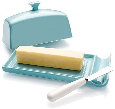 Butter Dish with Lid and Knife Spreader Set - Perfect for East and West Coast Butter, Turquoise - Better Butter & Beyond # tableaccessories #serveware Butter Bell, Ceramic Butter Dish, Best Butter, Knife Holder, Retail Market, Butter Knife, Knife Handles, Dish Sets, Stick Of Butter