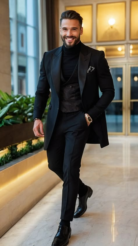 Men Formal Black Outfit, Opera Night Outfit Men, Mens Hollywood Glamour, Men Wedding Guest Outfit Black, Men Courthouse Wedding Outfit, Modern Peaky Blinders Style, Award Show Outfits Men, Vest Outfits Men Formal, Mens Black Suit Outfit Wedding